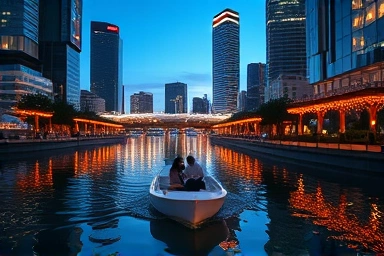 Couple on a boat in Songdo Central Park with city lights.