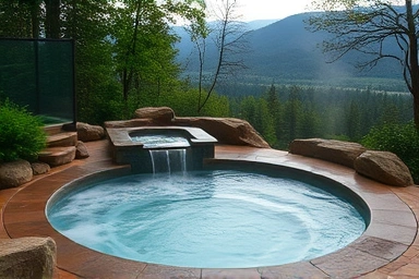 Steaming outdoor spa pool overlooking a vast, peaceful forest landscape.