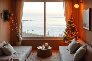 Cozy Jeju Airbnb winter sea view interior