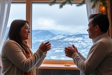 Couple relaxing in Jeju Airbnb winter landscape