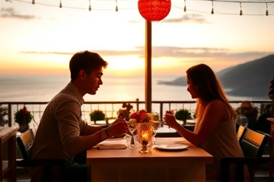 Romantic couple dinner Jeju Island sunset ocean view