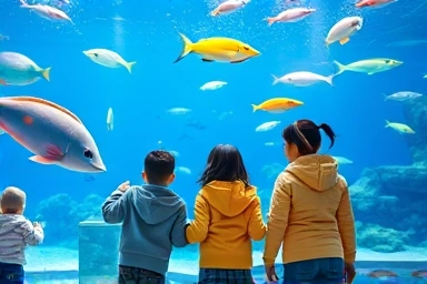 Family exploring vibrant aquarium Jeju winter indoor attraction