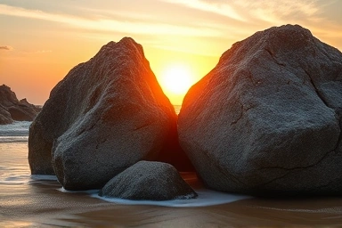 Close-up of Kkotji Beach's Halmi and Harabi rocks at sunset