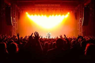Energetic concert crowd, artist performance, celebratory atmosphere.
