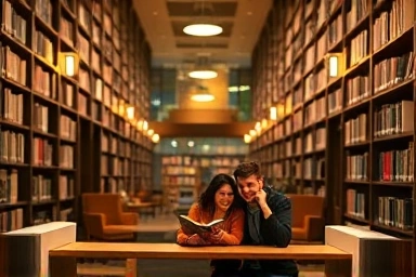 Couple enjoying a book date in a cozy library.
