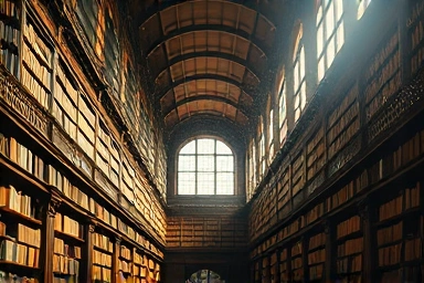Awe-inspiring view of a magnificent library with towering bookshelves.