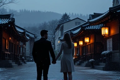 Romantic winter Hanok village couple at dusk