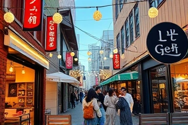Trendy Gekridan-gil street with festive winter lights