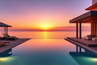 Luxurious private pool villa with ocean view at sunset.