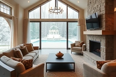 Cozy private villa living room with view of heated pool.