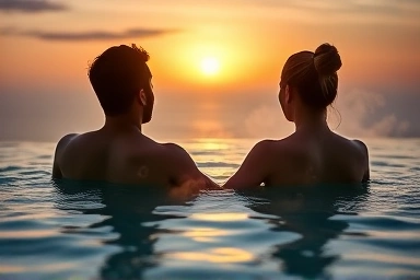 Couple enjoying luxury infinity pool at Seamarq Hotel sunset
