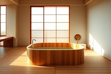 Serene hinoki wood bathtub in a minimalist Japanese-style hotel room.