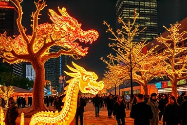 Dazzling Seoul light festival with dragon sculpture and crowds