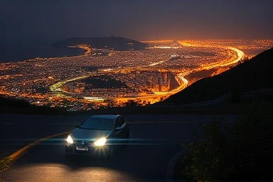 Couple on night drive with city view