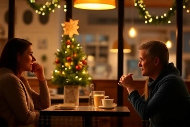 Cozy cafe interior, romantic date atmosphere, warm lighting, Christmas decor.