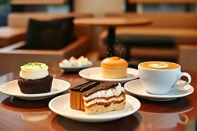 Artisanal desserts and specialty coffee, cafe aesthetic, delicious food presentation.