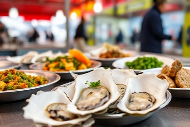 Fresh Tongyeong oysters at a bustling market
