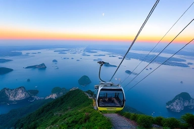 Stunning sea and island vista from Tongyeong Cable Car at sunset.