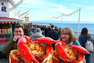 Vibrant winter seafood festival by the ocean with fresh snow crabs.