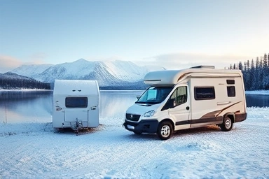 Camper van parked by snowy winter lake, serene landscape.