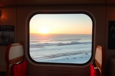 Cozy train window view of winter East Sea coastline at sunset.