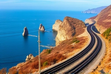 Dramatic winter East Sea coastline with winding train tracks.