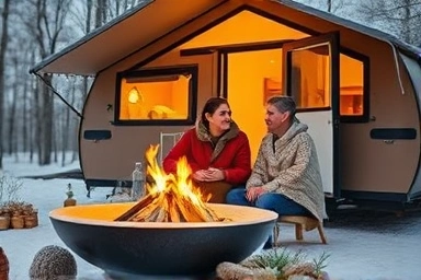Couple enjoying fire pit at winter glamping caravan
