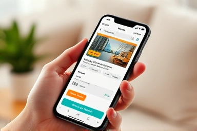 Hand holding smartphone with travel booking discount