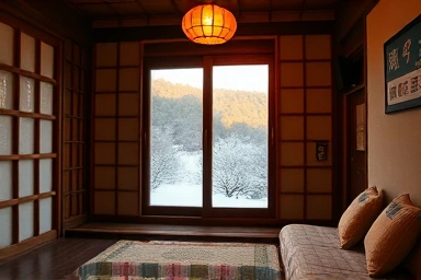 Cozy budget hanok guesthouse room with winter landscape view.
