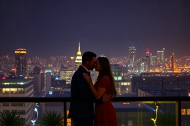 Romantic rooftop bar couple overlooking city at night