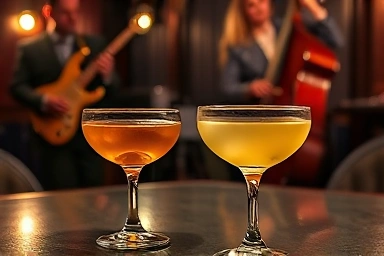 Cocktails on table at dimly lit jazz bar
