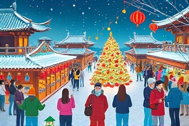 Diverse people enjoying festive winter celebrations in South Korea.