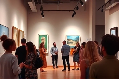 People enjoying free year-end art exhibition and music performance.