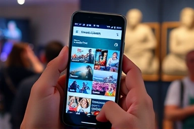 Smartphone displaying free cultural event schedule with blurred event background.