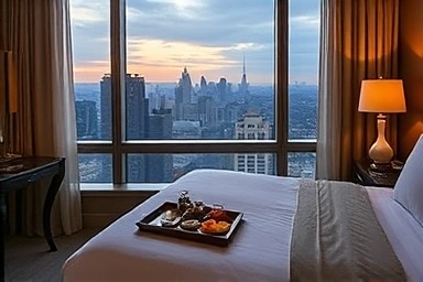 Luxurious hotel room with breakfast and spa menu
