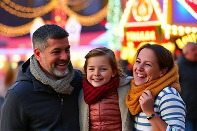 Family enjoying festive winter theme park with child