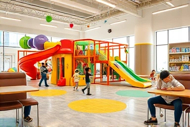 Children playing happily in a modern, safe kids' cafe