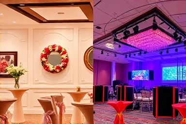 Contrasting party room styles for bridal showers and year-end parties.