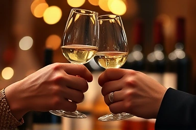 Wine glass clink, romantic toast, intimate moment, cozy ambiance.