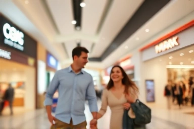Couple enjoying a date in a lively, entertainment-filled mall.