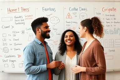 Couple joyfully planning shared dreams on a whiteboard.