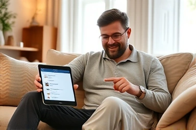Couple happily planning activities on a tablet at home.