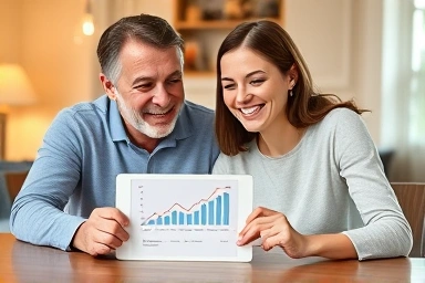 Couple happily discussing finances on a tablet