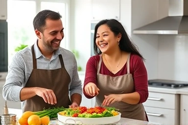 Couple happily cooking together in a modern kitchen.