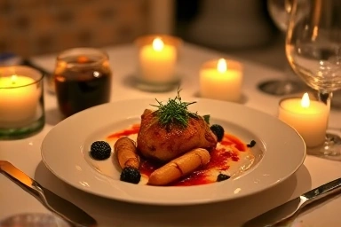Romantic dinner setting with a beautifully plated couple's meal.
