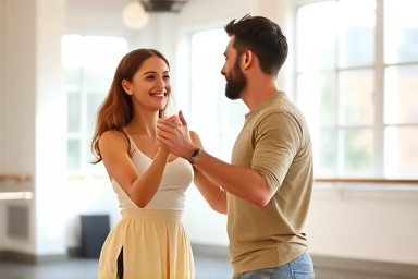 Couple laughing and dancing together in a bright studio.