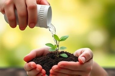 Hands nurturing a plant, symbolizing relationship growth.
