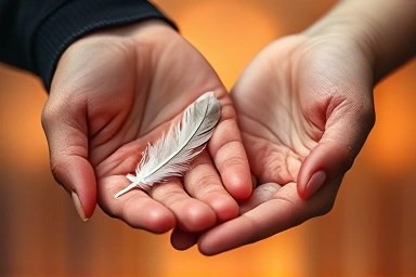 Intertwined hands with crystal and feather symbolizing truth and white lies.