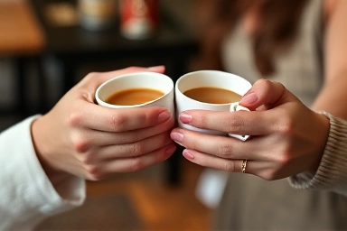 Couple's hands touching over warm drinks in an intimate cafe.