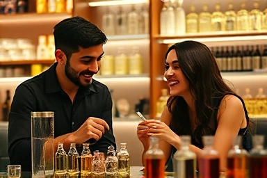 Couple creating custom perfume in a workshop